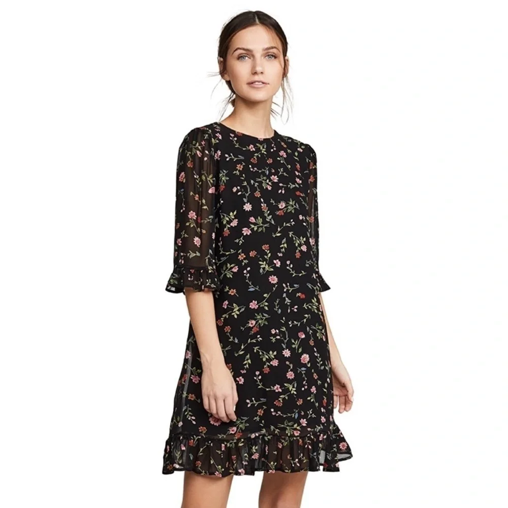 Ganni Elm Georgette Mini Dress 40 Floral Black Pink 8 Chiffon Wedding Garden - Picture 10 of 10